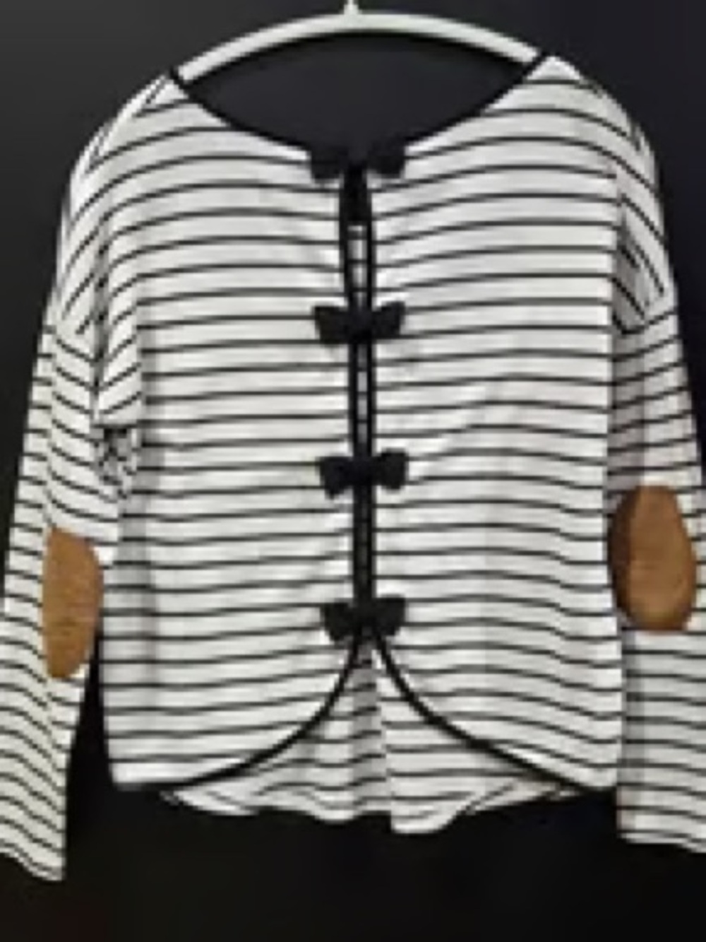 ✅Sweet Wanderer Black & White Striped Long Sleeve Top with Tan Elbow Patches